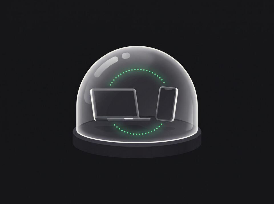 A laptop and a phone talking inside a glass dome