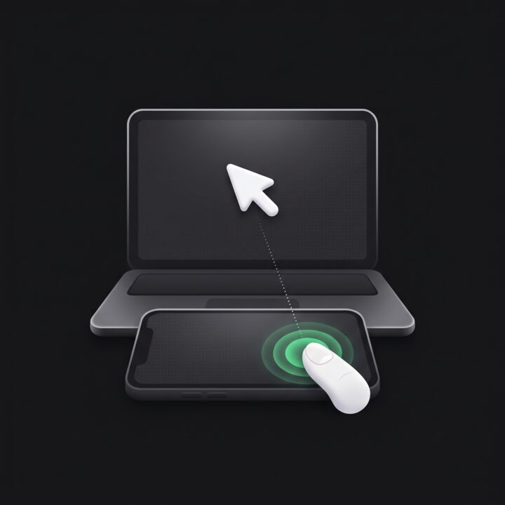 A thumb on the phone moving the cursor on the laptop